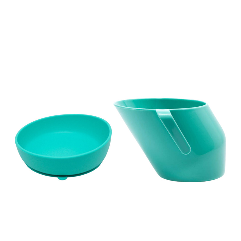 Doidy - set de hranire cu 2 piese, cana inclinata cu manere, fara bisfenol-a, ftalati si pvc si bol inclinat cu ventuza, din silicon, fara bpa. antialunecare, 3 luni+, turcoaz