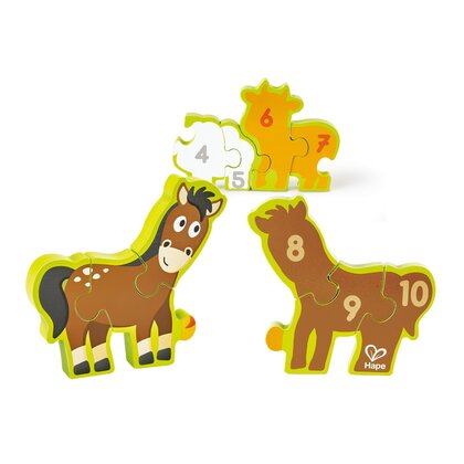 Hape - Puzzle din lemn Numere si animale de la ferma , Puzzle Copii, piese 10