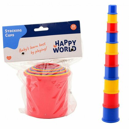 Happy World - Set 10 cupe pentru stivuit, Jucarie educativa pentru copii,  Multicolor
