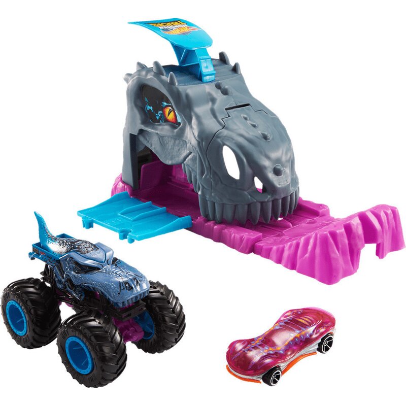 Mattel - set de joaca lansator monster truck team mega wrex , hot wheels, cu 2 masinute