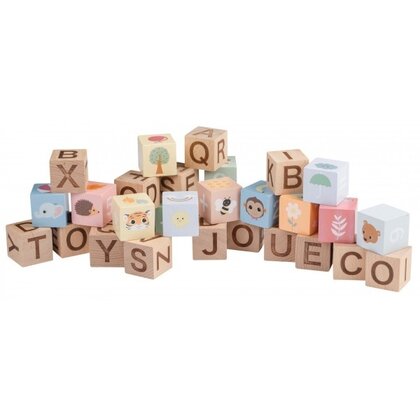 Joueco - Cuburi din lemn certificat FSC, Multifunctionale, Familia Wildies, 25x21 cm, 12 luni+, 30 piese, Multicolor