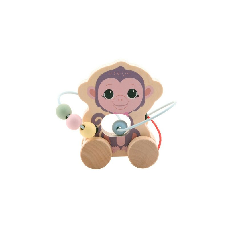 Joueco - Jucarie maimuta din lemn certificat FSC, Cu margele, Sporeste creativitatea, Dezvolta abilitatile senzoriale si motorii, 12 luni+, Multicolor