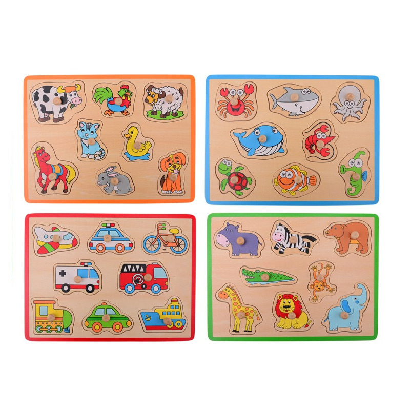 Joueco - Set 4 puzzle-uri din lemn certificat FSC, 30 x 27 cm, 18 luni+, 8 piese/puzzle, Animale si Mijloace de transport, Multicolor