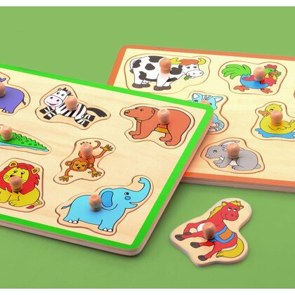 Joueco - Puzzle din lemn 30 x 27 cm, 18 luni+, 8 piese, Animale domestice