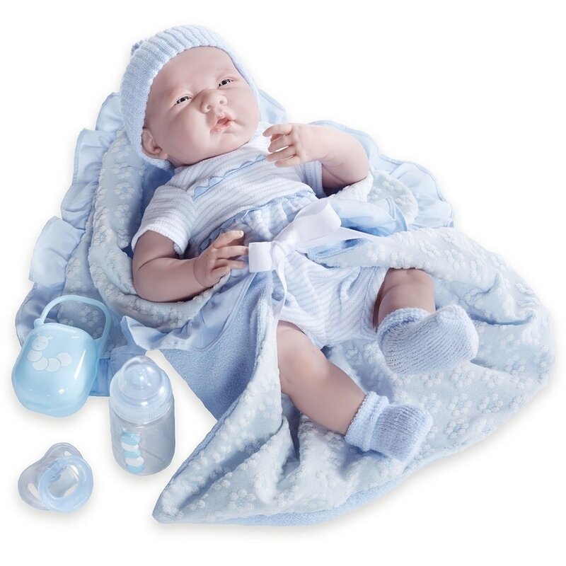 Jucarie bebelus 39 cm cu trusou bleu si suzeta cu etui si biberon