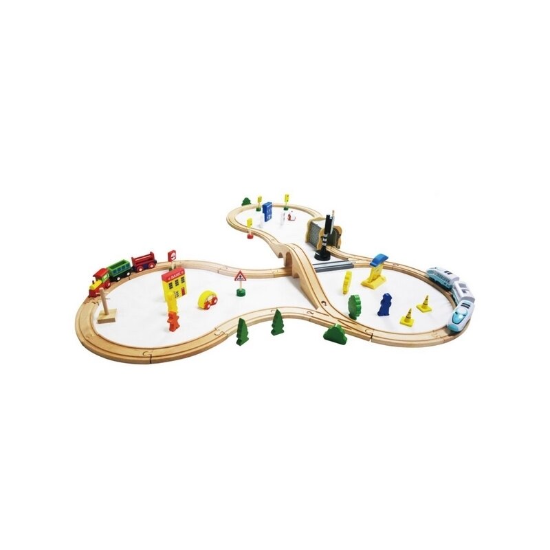 Ecotoys - tren din lemn hm015147 cu baterii, cu cale ferata, cu 69 elemente, multicolor