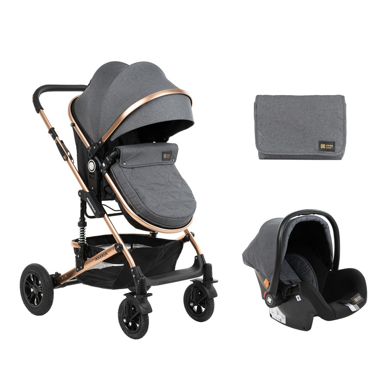 Kikkaboo - carucior transformabil 3 in 1, amaia, 0-22 kg, cu geanta de mamici, suport pahar, plasa tantari si protectie picioare, spatar reglabil si copertina detasabila, gri inchis