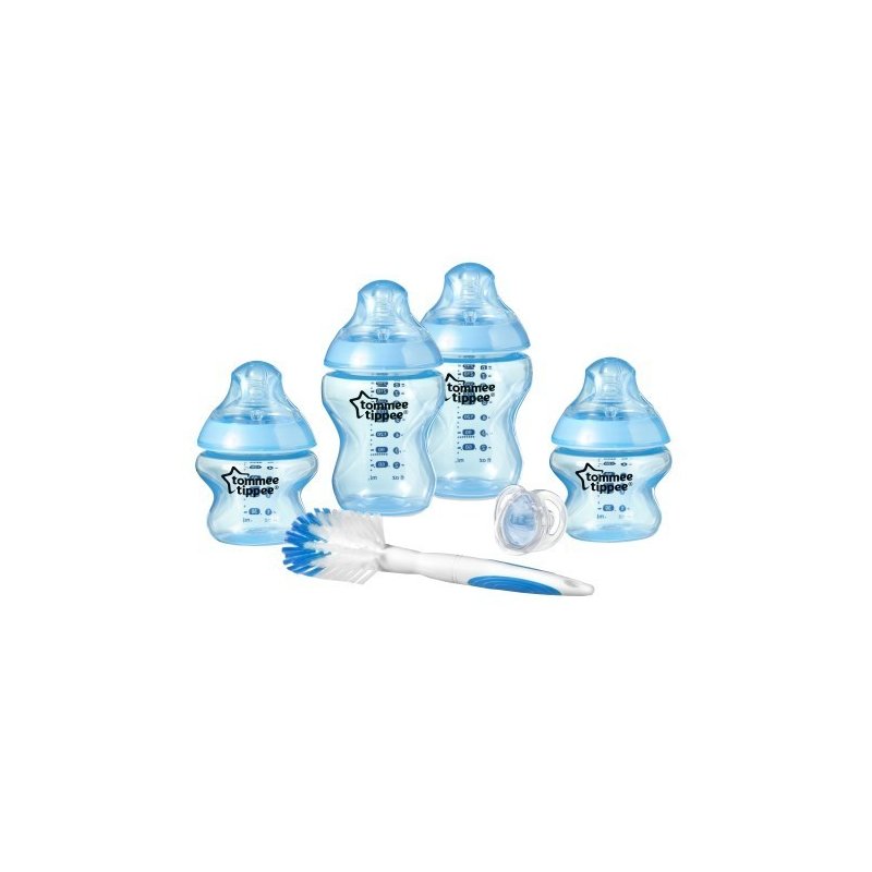 Tommee Tippee - Kit biberoane colorate nou nascut, Cu 2 x Biberoane 150 ml, 2 x Biberoane 260 ml, 1 x Suzeta 0-6 luni, 1 x Perie pentru biberoane si tetine, Albastru