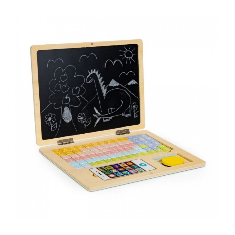 Laptop educational din lemn cu magnet si taste din lemn ecotoys g068 - alb