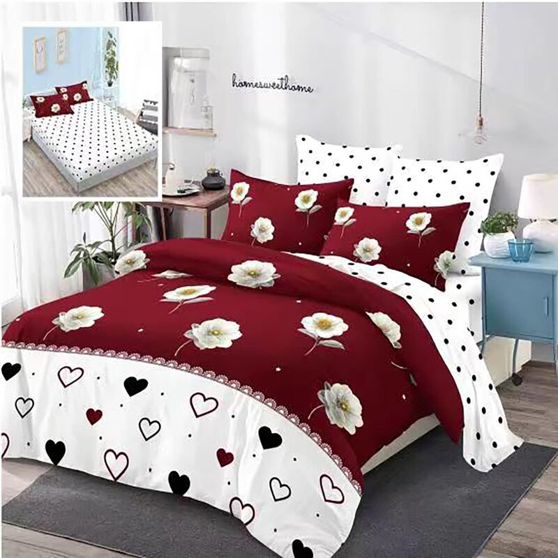 Somnart - lenjerie de pat finet 6 piese, cearceaf pat cu elastic, cearceaf pilota 200x230, 2 fete perna 50x70, 2 fete perna 70x70, extra, grena cu inimi