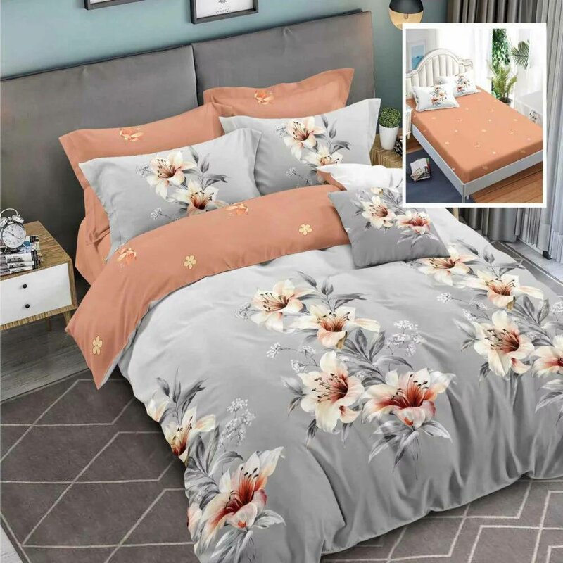 Somnart - lenjerie de pat finet 6 piese, cearceaf pat cu elastic, cearceaf pilota 200x230, 2 fete perna 50x70, 2 fete perna 70x70, extra, model gri cu flori crem