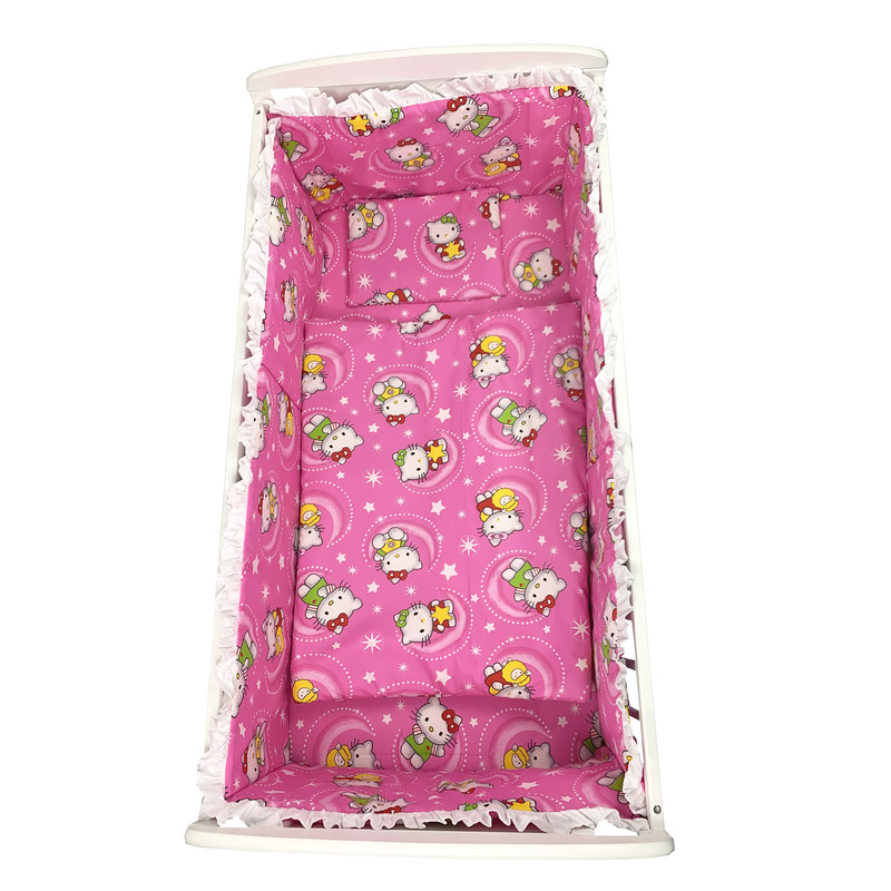 Lenjerie de patut bebelusi 120x60 cm 5 piese cu aparatori laterale pe burete cn hello kitty roz
