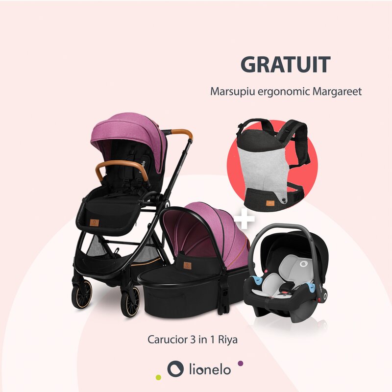 Lionelo- carucior 3 in 1 riya cu accesorii si sezut reversibil, din aluminiu, roz/violet + gratuit marsupiu ergonomic margareet, cu 3 pozitii de transport, urban grey