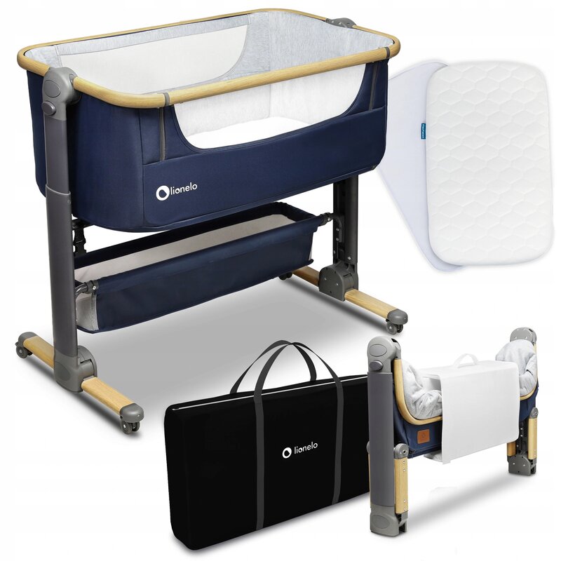 Lionelo - Patut co-sleeper Timon Pliabil, 3 in 1, Cu setare unghiulara, Reglabil in 6 pozitii pe inaltime, Din Aluminiu, 90x50 cm, Conform cu standardele europeane de securitate EN1130 si EN16890, Albastru