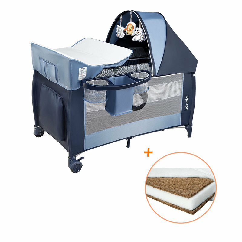 Lionelo - patut pliant cu doua nivele, sven plus, 120x60 cm, cu accesorii, en716, en12221, blue navy + babyneeds - saltea cocos 120x60x12 cm