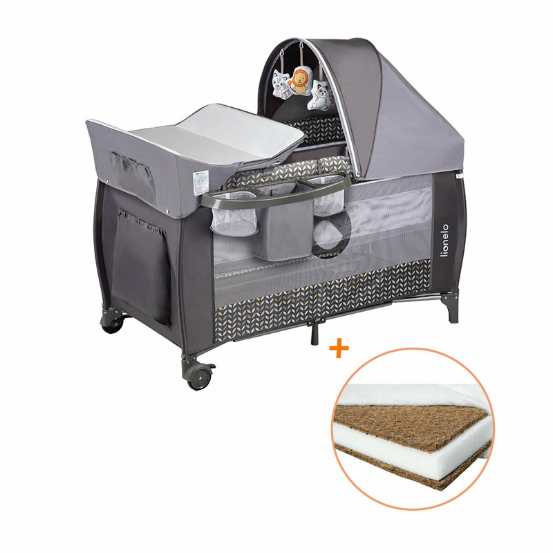 Lionelo - patut pliant cu doua nivele, sven plus, 120x60 cm, cu accesorii, en716, en12221, grey scandi + babyneeds - saltea cocos 120x60x8 cm