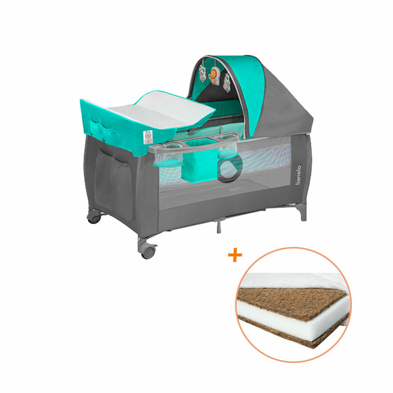 Lionelo - patut pliant cu doua nivele, sven plus, 120x60 cm, cu accesorii, en716, en12221, turcoaz/gri + babyneeds - saltea cocos 120x60x8 cm