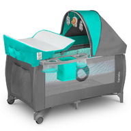 Lionelo - Patut pliant cu doua nivele Sven Plus, 120x60 cm, arcada jucarii, masuta de infasat, vibratii, melodii, conform cu standardele europeane de securitate EN716 si EN12221, Turcoaz/Gri