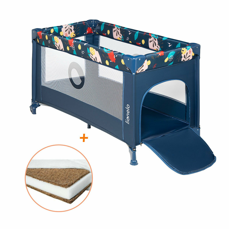 Lionelo - patut pliant cu un nivel stefi, 120x60 cm, cu intrare laterala cu fermoar, en716, blue navy + babyneeds - saltea cocos 120x60x10 cm