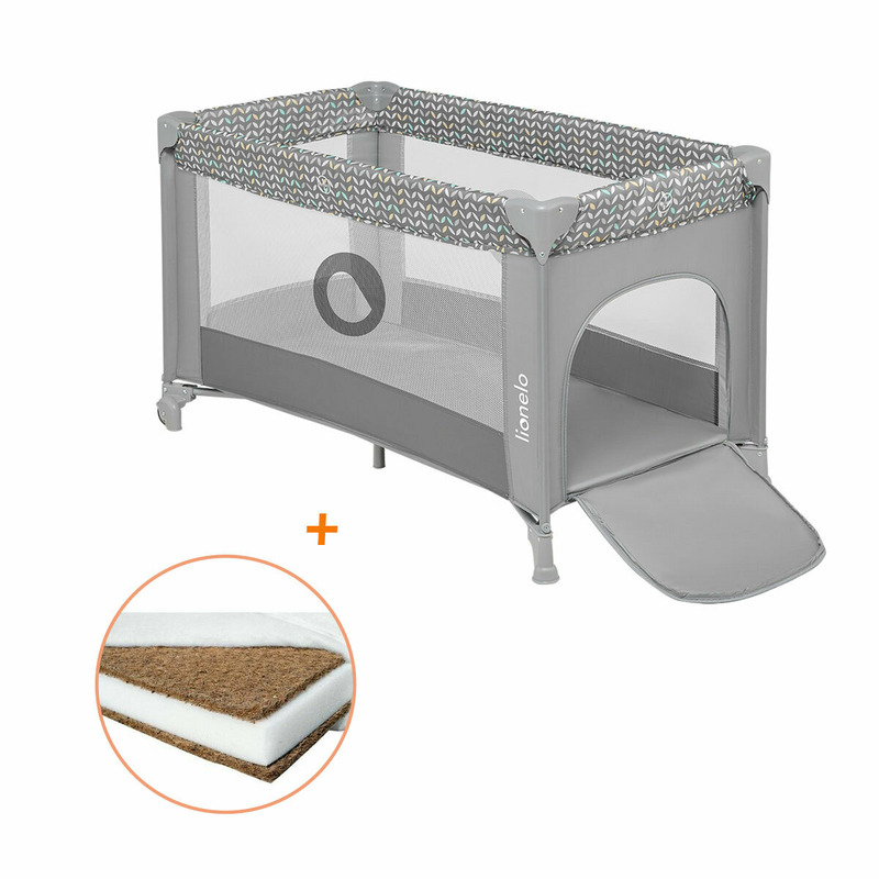 Lionelo - patut pliant cu un nivel stefi, 120x60 cm, cu intrare laterala cu fermoar, en716, grey + babyneeds - saltea cocos 120x60x12 cm