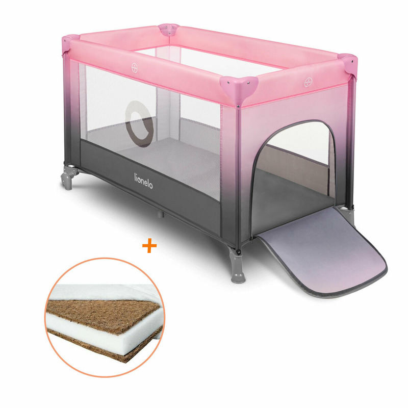 Lionelo - patut pliant cu un nivel stefi, 120x60 cm, cu intrare laterala cu fermoar, en716, roz ombre + babyneeds - saltea cocos 120x60x8 cm