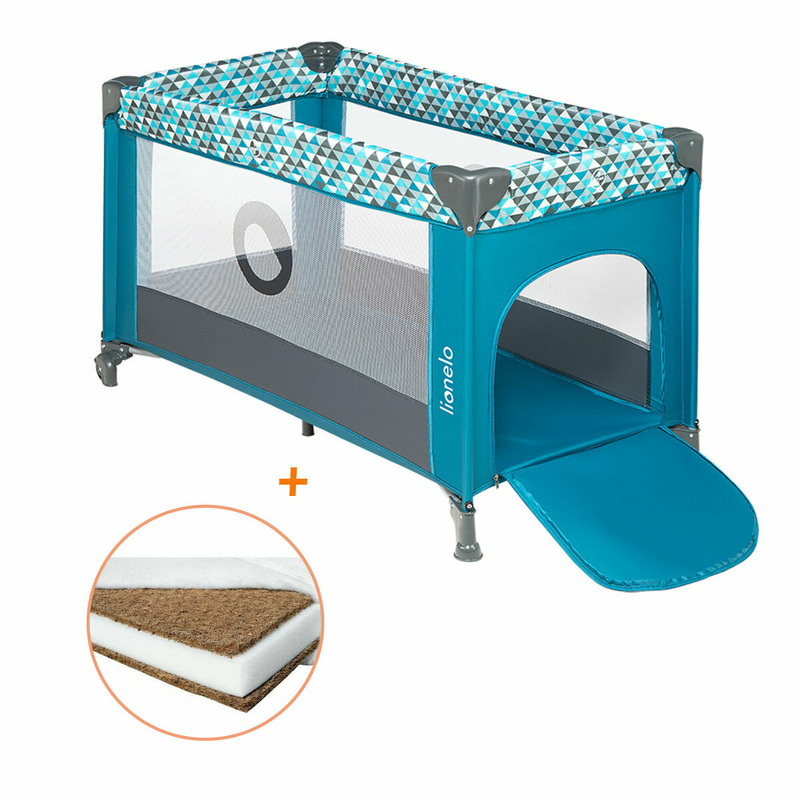 Lionelo - patut pliant cu un nivel stefi, 120x60 cm, cu intrare laterala cu fermoar, en716, turquoise + babyneeds - saltea cocos 120x60x8 cm