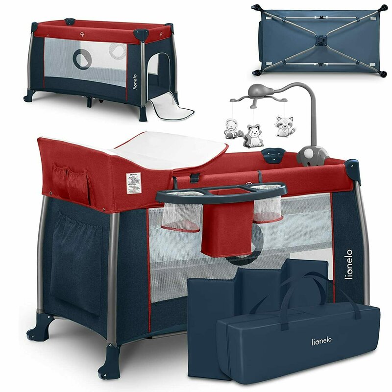 Lionelo - Patut pliant cu doua nivele Thomi Cu carusel, Cu masuta de infasat, Cu buzunare pentru accesorii, 120x60 cm, Conform cu standardele europeane de securitate EN716 si EN12221, Burgundy Blue