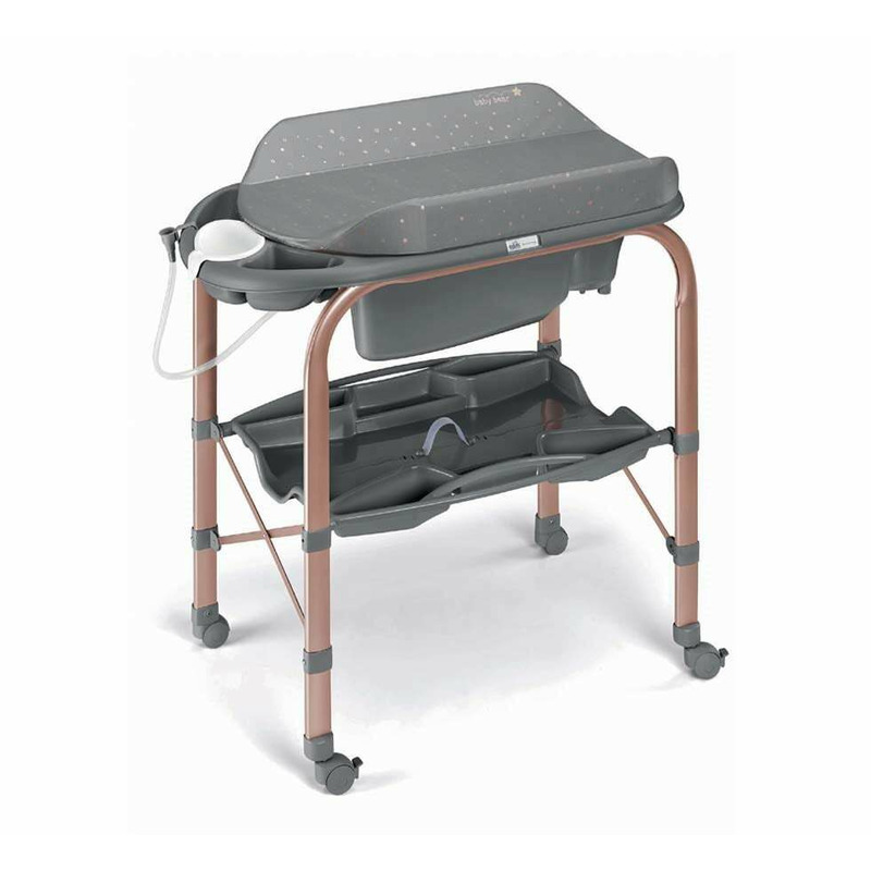 Masa de baie pliabila cu saltea de infasat, cadita anatomica cu furtun, roti cu blocatori, cambio deluxe, rosegold