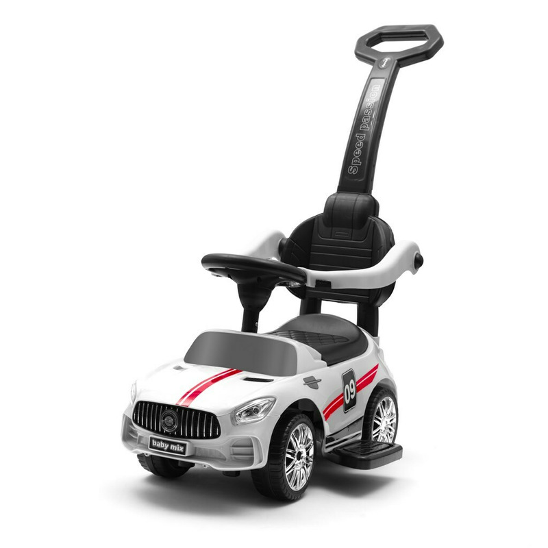 Masinuta de impins, Racer, Cu maner de impins detasabil, Cu protectii laterale, Cu melodii si claxon, Cu suport jucarii sub sezut, Baby Mix, Alb