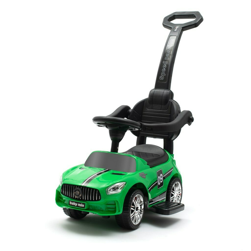 Masinuta de impins, Racer, Cu maner de impins detasabil, Cu protectii laterale, Cu melodii si claxon, Cu suport jucarii sub sezut, Baby Mix, Verde