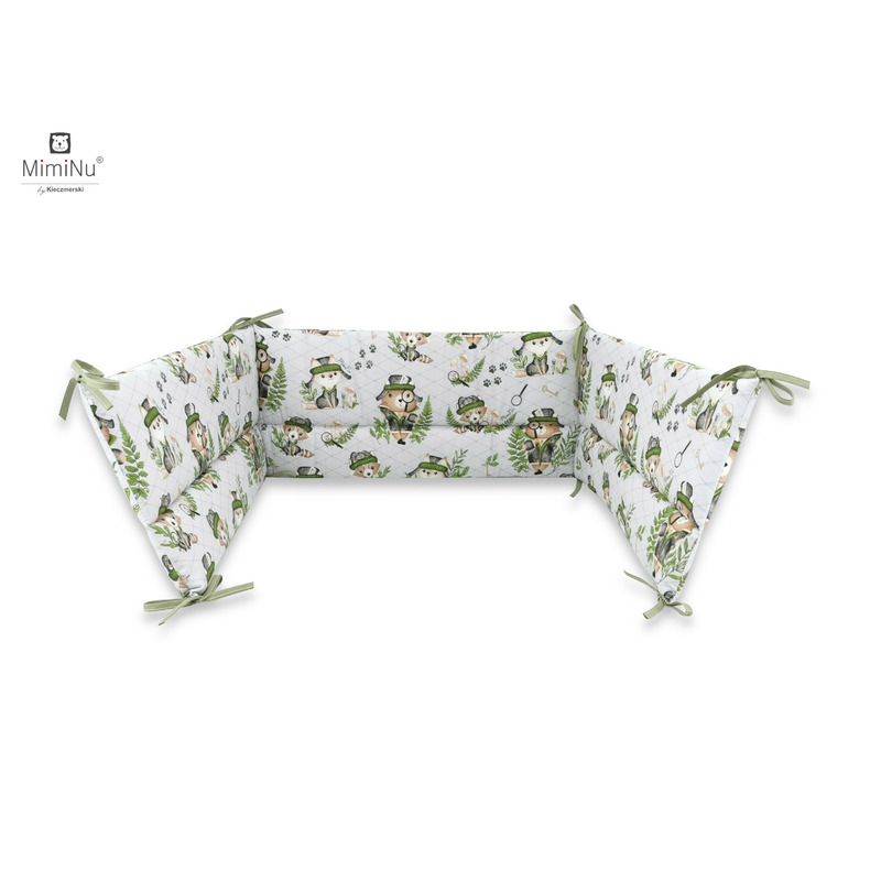 Miminu - aparatoare pentru patut 120x60 cm, din bumbac certificat oeko tex standard 100, cu inaltimea de 30 cm, cu panglici, design, detective natural