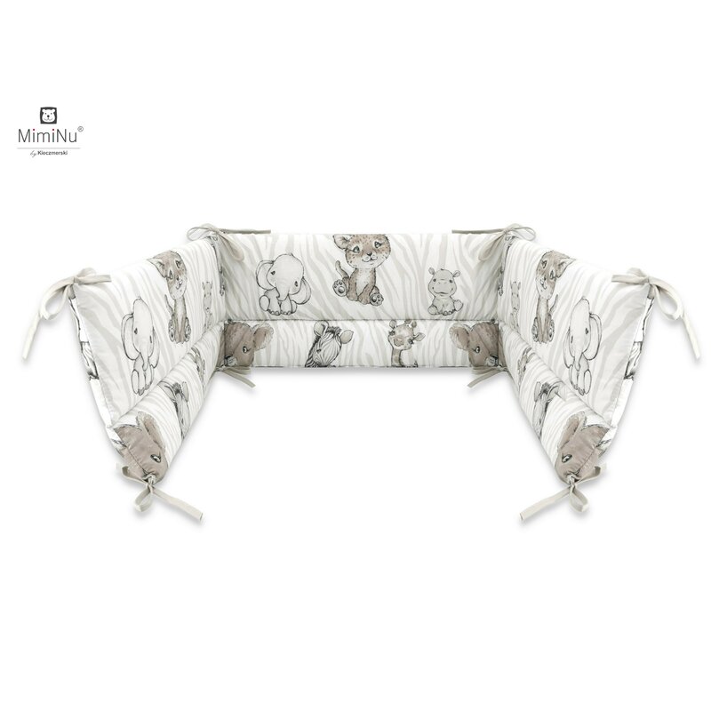 Miminu - aparatoare pentru patut 120x60 cm, din bumbac certificat oeko tex standard 100, cu inaltimea de 30 cm, cu panglici, safari beige