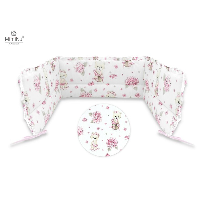 MimiNu - Aparatoare pentru patut 120x60 cm, Din bumbac certificat Oeko Tex Standard 100, Cu inaltimea de 30 cm, Cu volanase, Cu panglici, Design, Pink Ballerina