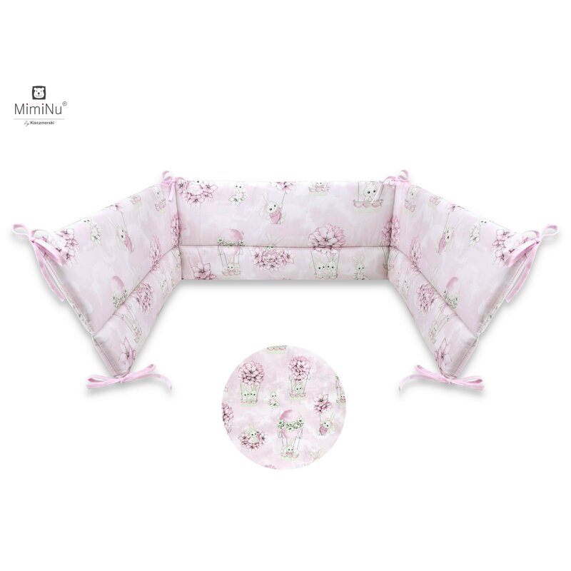 Miminu - aparatoare pentru patut 120x60 cm, din bumbac, cu inaltimea de 30 cm, cu panglici, design, awesome bunnies