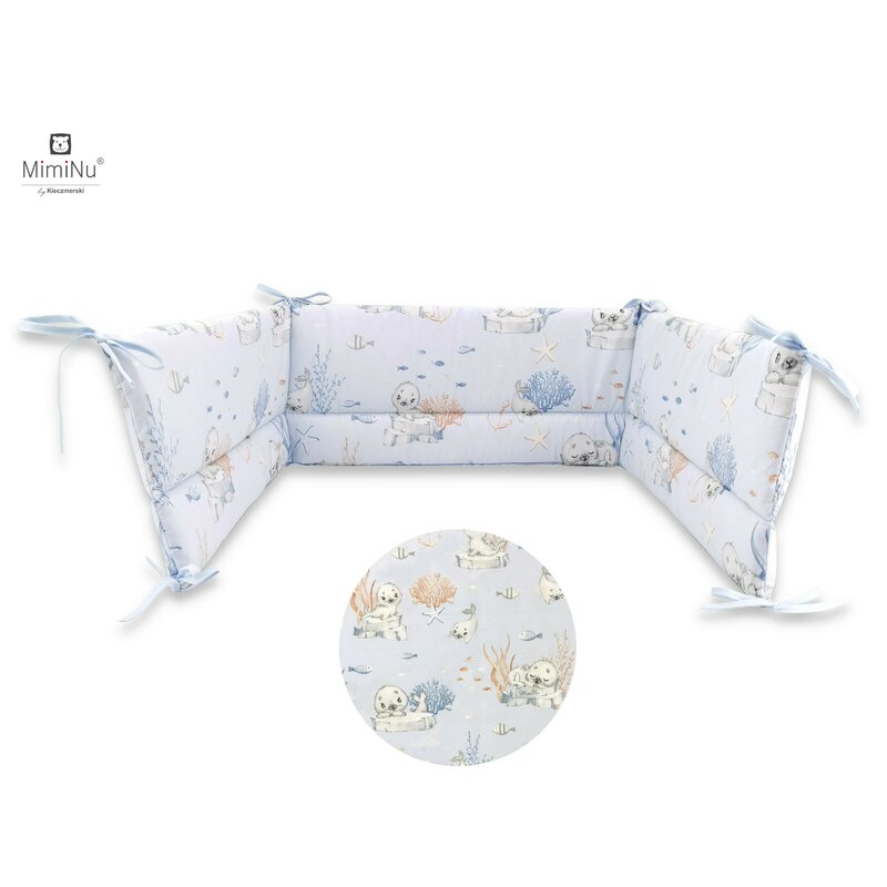 MimiNu - Aparatoare pentru patut 120x60 cm, Din bumbac certificat Oeko Tex Standard 100, Cu inaltimea de 30 cm, Cu panglici, Design, Seal Blue