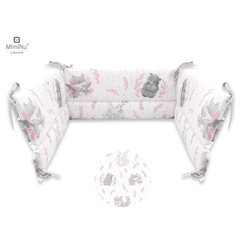 MimiNu - Aparatoare pentru patut 120x60 cm, Din bumbac certificat Oeko Tex Standard 100, Cu inaltimea de 30 cm, Cu panglici, Lulu Rose