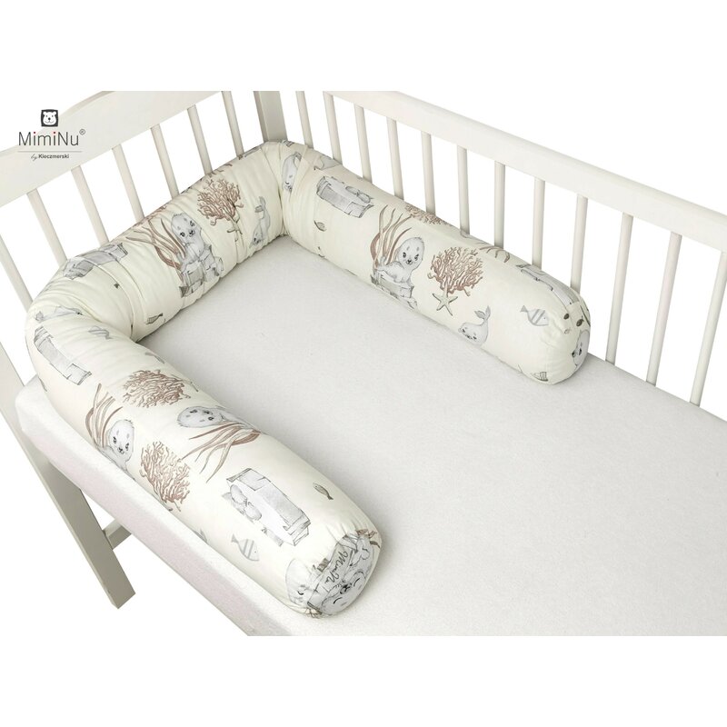 MimiNu - Aparatoare tip rulou pentru patut, Lungime 180 cm, Din bumbac certificat Oeko Tex Standard 100, Cu diametru de 10 cm, Design, Seal Beige