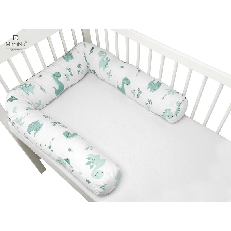 MimiNu - Aparatoare tip rulou pentru patut, Lungime 180 cm, Din bumbac certificat Oeko Tex Standard 100, Cu diametru de 10 cm, Dino Mint