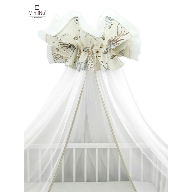 Miminu - baldachin mare din tull + suport metalic, cu funda din bumbac, dimensiune 400x170 cm, materiale certificate oeko tex standard 100, design, seal beige