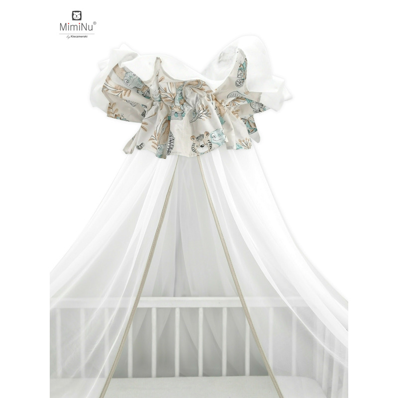 Miminu - baldachin mare din tull + suport metalic, cu funda din bumbac, dimensiune 400x170 cm, materiale certificate oeko tex standard 100, design, zoo on bikes nugat