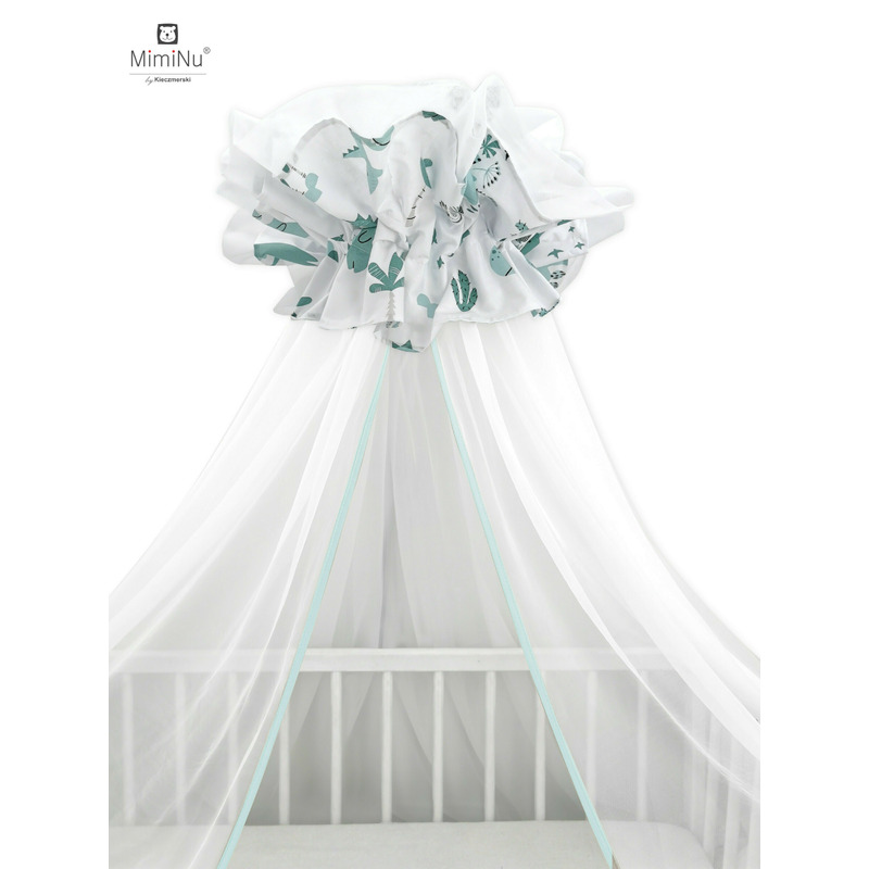 Miminu - baldachin mare din tull + suport metalic, cu funda din bumbac, dimensiune 400x170 cm, materiale certificate oeko tex standard 100, dino mint