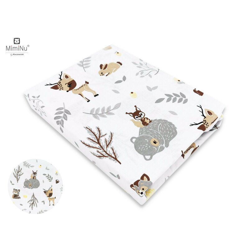 MimiNu - Cearceaf cu elastic pentru patut 120X60 cm, Din bumbac certificat Oeko Tex Standard 100, Forest friends Grey/Beige