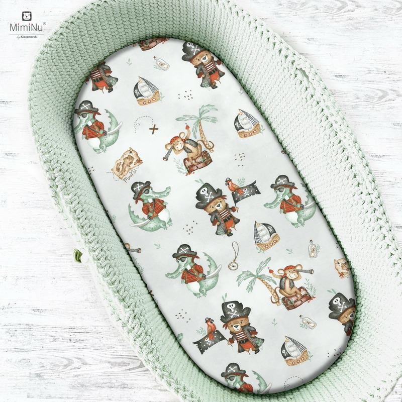 Miminu - cearceaf cu elastic pentru landou, carucior si cosulet, dimensiune 80x35 cm, din bumbac certificat oeko tex standard 100, design, pirates natural