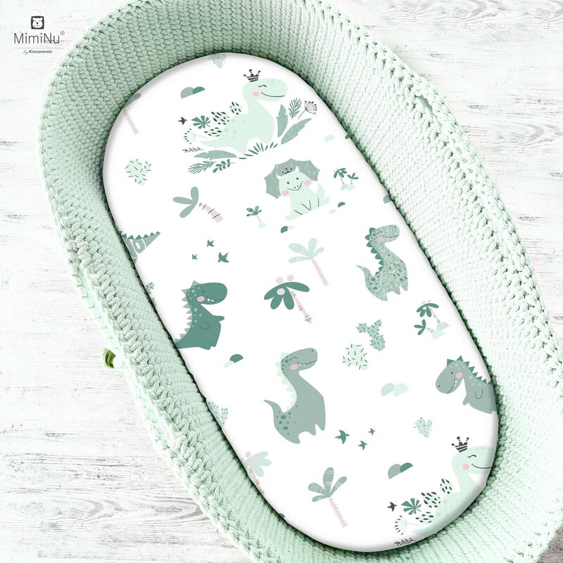 Miminu - cearceaf cu elastic pentru landou, carucior si cosulet, dimensiune 80x35 cm, din bumbac, dino mint
