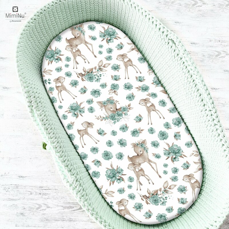 MimiNu - Cearceaf cu elastic pentru landou, carucior si cosulet, Dimensiune 80x35 cm, Din bumbac certificat Oeko Tex Standard 100, Sweet Deer Mint