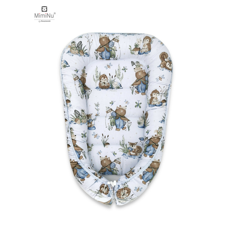 Miminu - cosulet bebelus pentru dormit, baby cocoon 75x55 cm, husa 100% bumbac, din bumbac certificat oeko tex standard 100, design, let\'s go blue