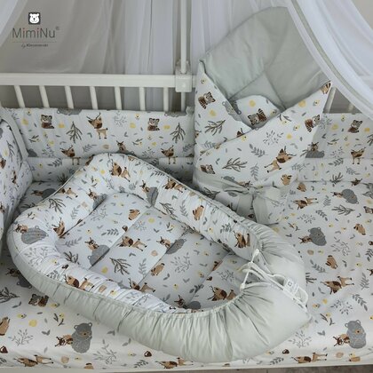 MimiNu - Cosulet bebelus pentru dormit, Baby Cocoon 75x55 cm, Husa 100% bumbac, Din bumbac certificat Oeko Tex Standard 100, Forest Friends Grey/Beige