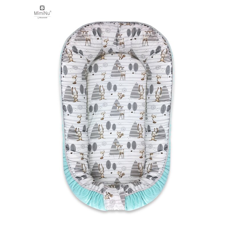 MimiNu - Cosulet bebelus pentru dormit cu doua fete, Baby Nest 105x66 cm, Husa 100% bumbac si catifea moale, Cu salteluta din burete, Detasabila, Materiale certificate Oeko Tex Standard 100, Velvet Forest/Mint