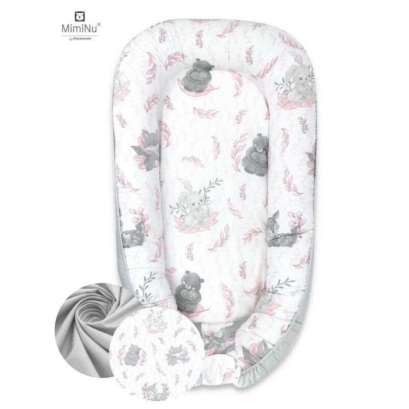 Miminu - cosulet bebelus pentru dormit cu doua fete, baby nest 105x66 cm, husa 100% bumbac, cu salteluta din burete, detasabila, lulu rose/grey