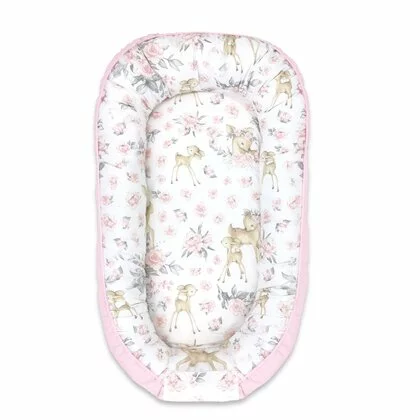 Cosulet bebelus, MimiNu, Pentru dormit, Cu doua fete, Baby Nest 105x66 cm, Husa 100% bumbac si catifea moale, Materiale certificate Oeko Tex Standard 100, Cu salteluta, Detasabila, Velvet Sweet Deer Pink